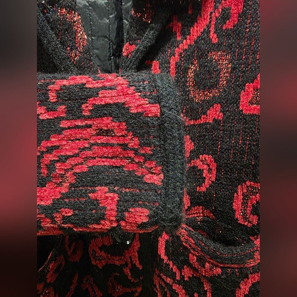 Vtg Red Black Gold Shimmer Coatigan Quilted Lined Cardigan Blazer Fur Collar - Picture 7 of 14
